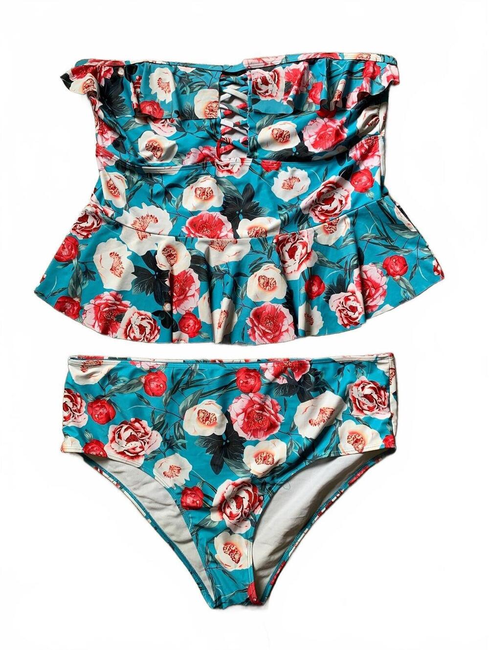 3XL Two-Piece Floral Peplum Swimsuit with Lace-Up Front, Turquoise Red White